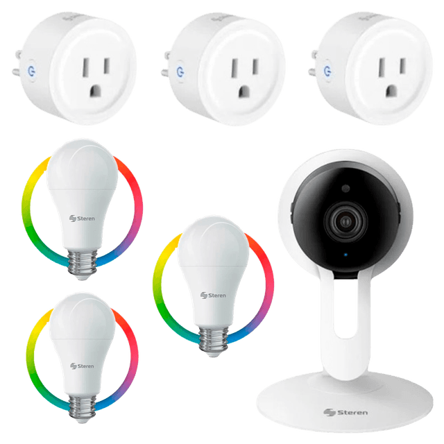 COMBO STEREN 3 FOCOS LED WI-FI + CÁMARA FIJA WIFI + 3 TOMACORRIENTES
