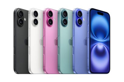 Vista posterior del iPhone 16 que muestra el sistema avanzado de cámaras y el vidrio con infusión de color en todos los acabados: negro, azul verde, amarillo y rosa.